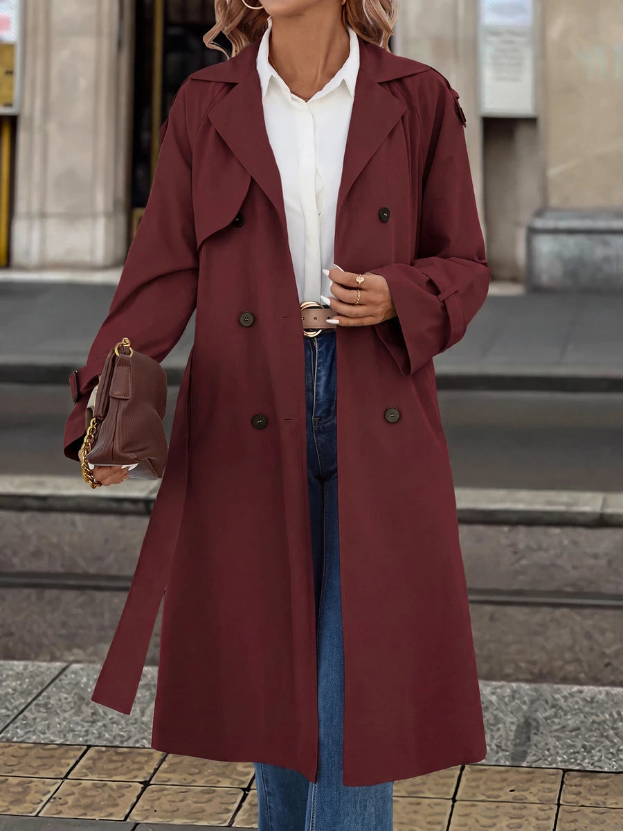 Fleur Long Double Breasted Trench Coat with Raglan Sleeves - Burgundy