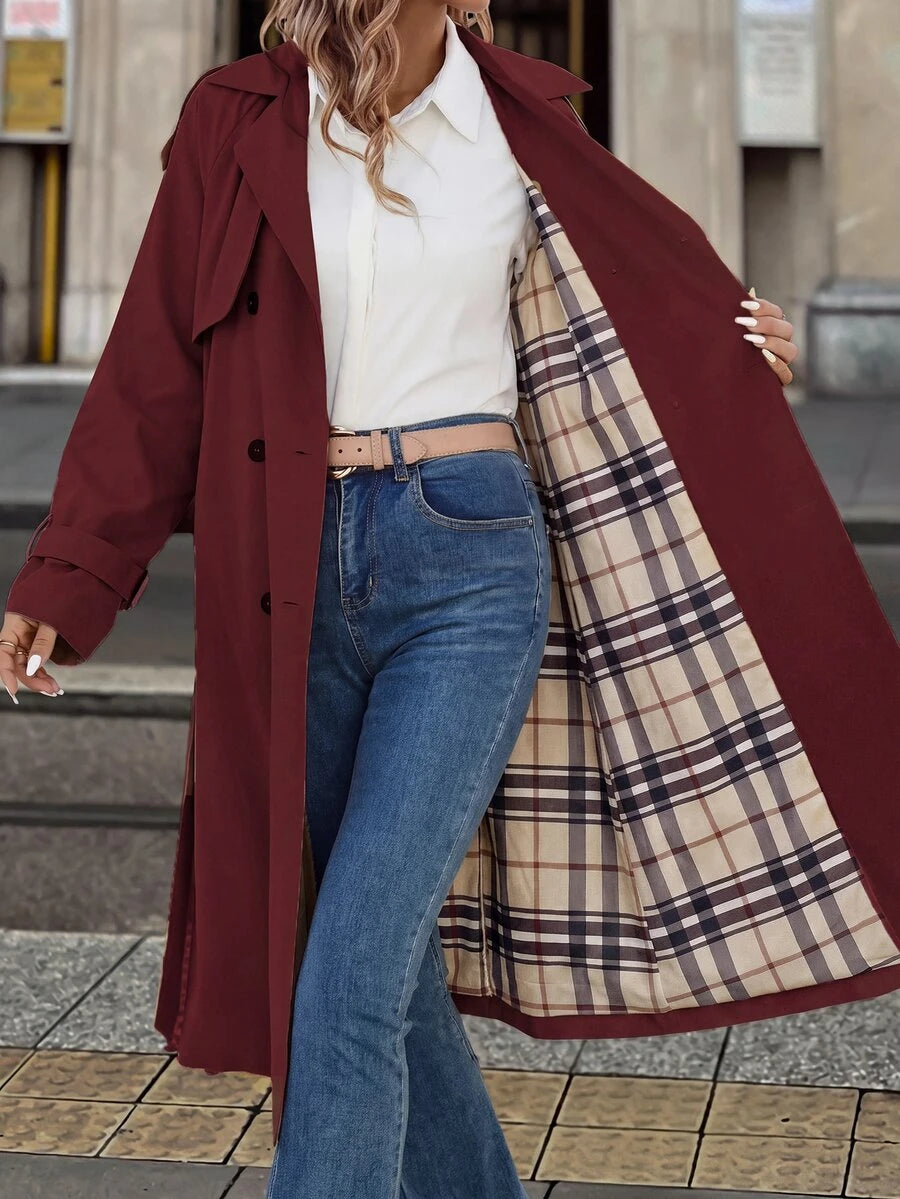 Fleur Long Double Breasted Trench Coat with Raglan Sleeves - Burgundy