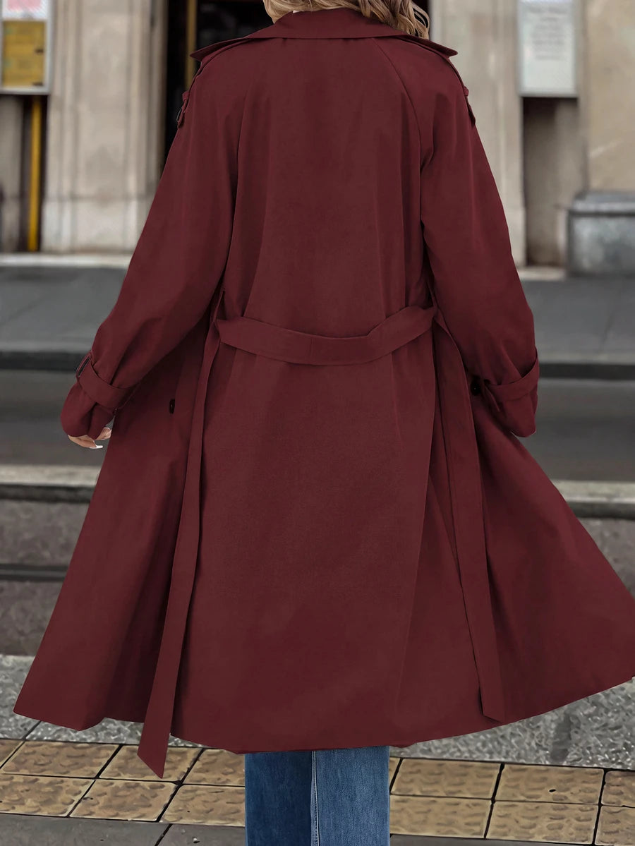 Fleur Long Double Breasted Trench Coat with Raglan Sleeves - Burgundy