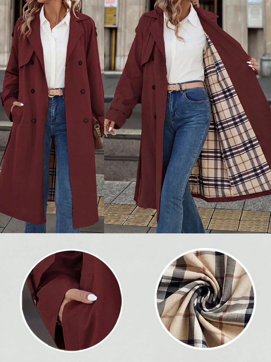 Fleur Long Double Breasted Trench Coat with Raglan Sleeves - Burgundy