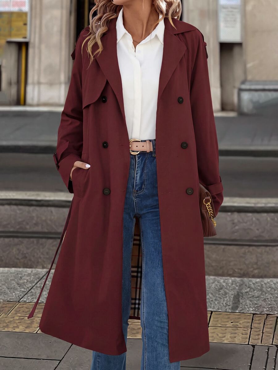Fleur Long Double Breasted Trench Coat with Raglan Sleeves - Burgundy