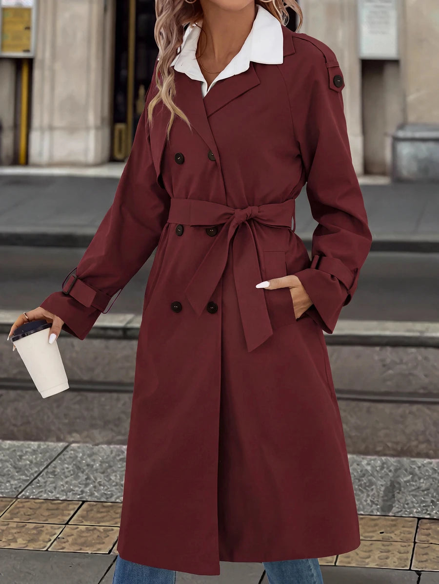 Fleur Long Double Breasted Trench Coat with Raglan Sleeves - Burgundy