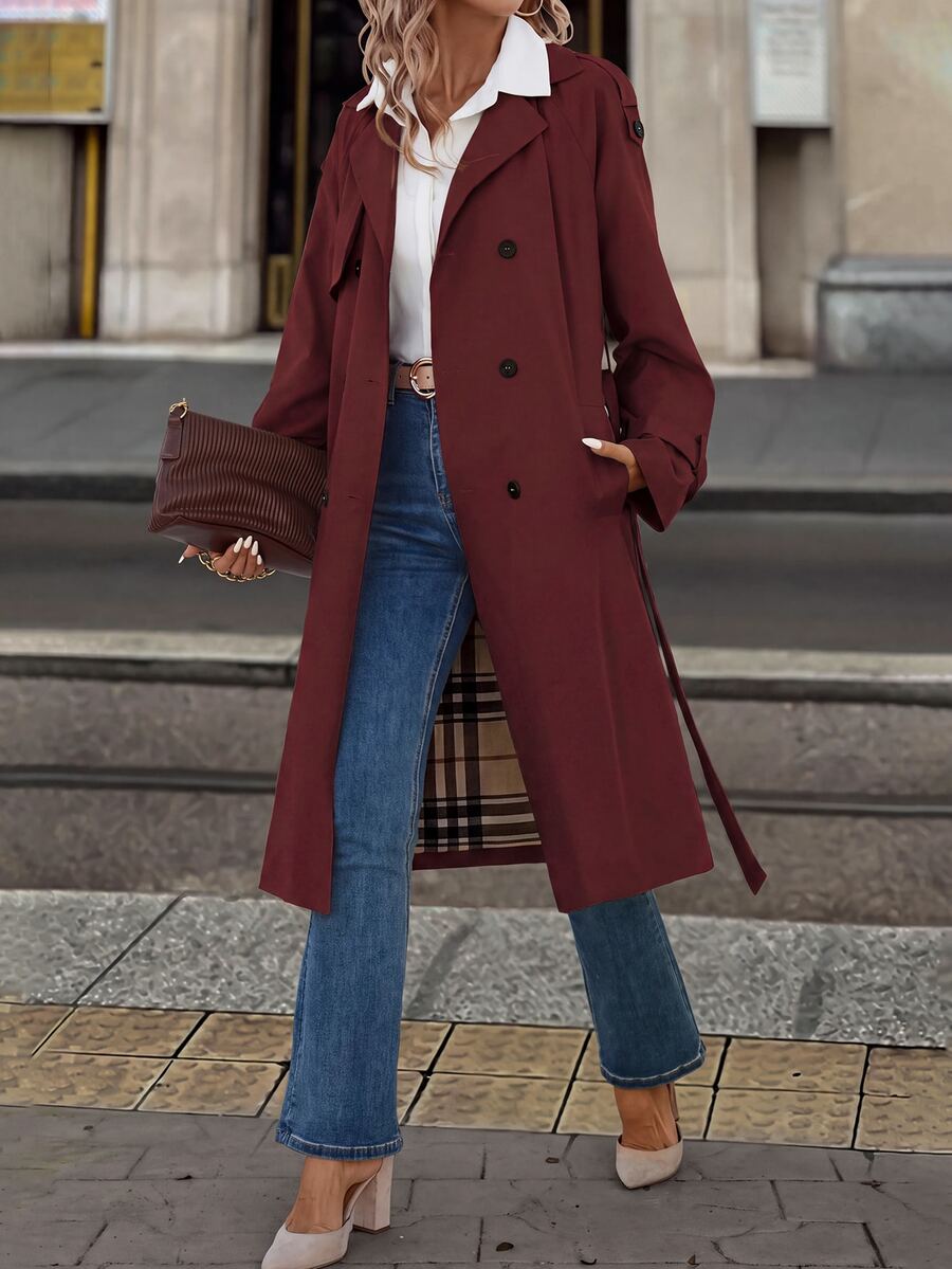Fleur Long Double Breasted Trench Coat with Raglan Sleeves - Burgundy