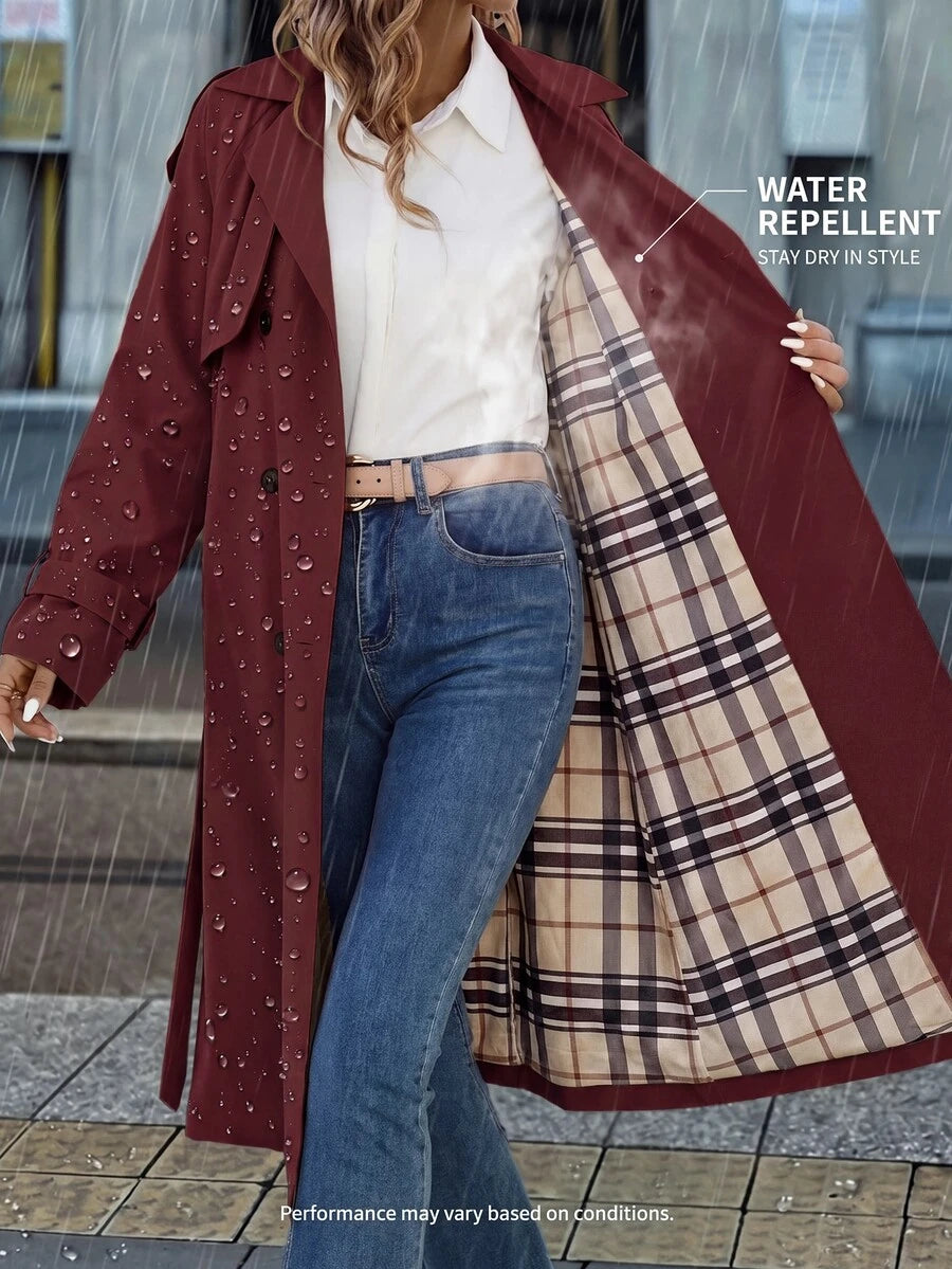 Fleur Long Double Breasted Trench Coat with Raglan Sleeves - Burgundy