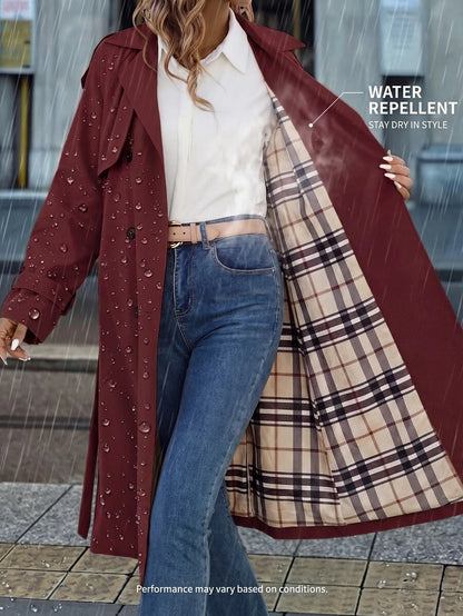 Fleur Long Double Breasted Trench Coat with Raglan Sleeves - Burgundy
