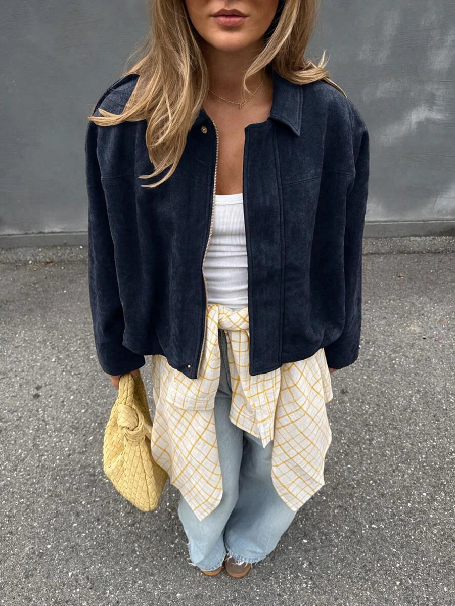 Sabrina Faux Suede Oversized Cropped Collared Jacket - Navy Blue