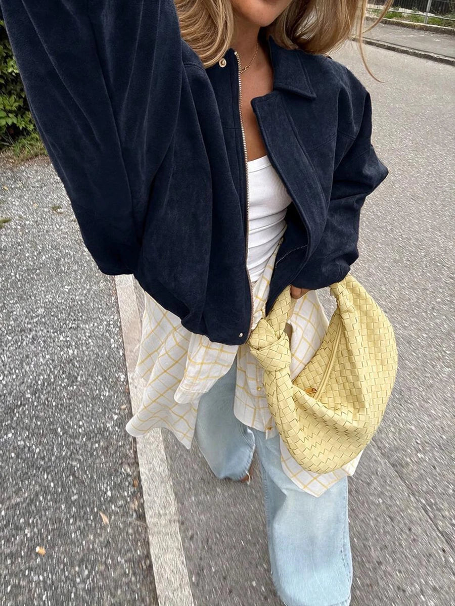 Sabrina Faux Suede Oversized Cropped Collared Jacket - Navy Blue