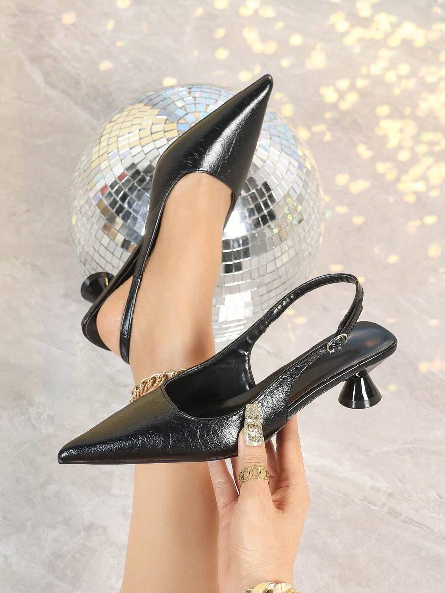 Women's Pointed Toe Slingback Mid Heel Pumps, Glossy Faux Leather Buckle Strap Kitten Heels for Work