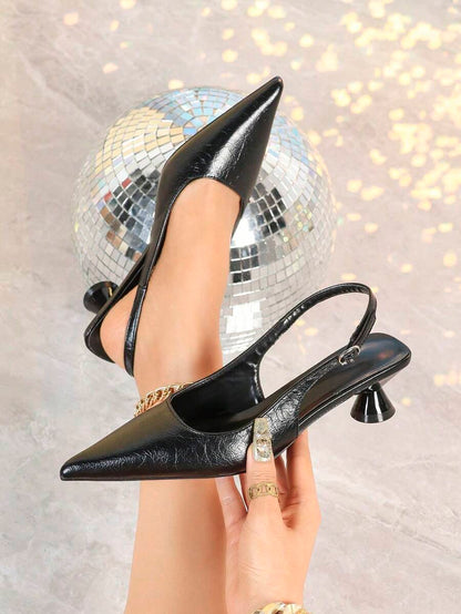 Women's Pointed Toe Slingback Mid Heel Pumps, Glossy Faux Leather Buckle Strap Kitten Heels for Work