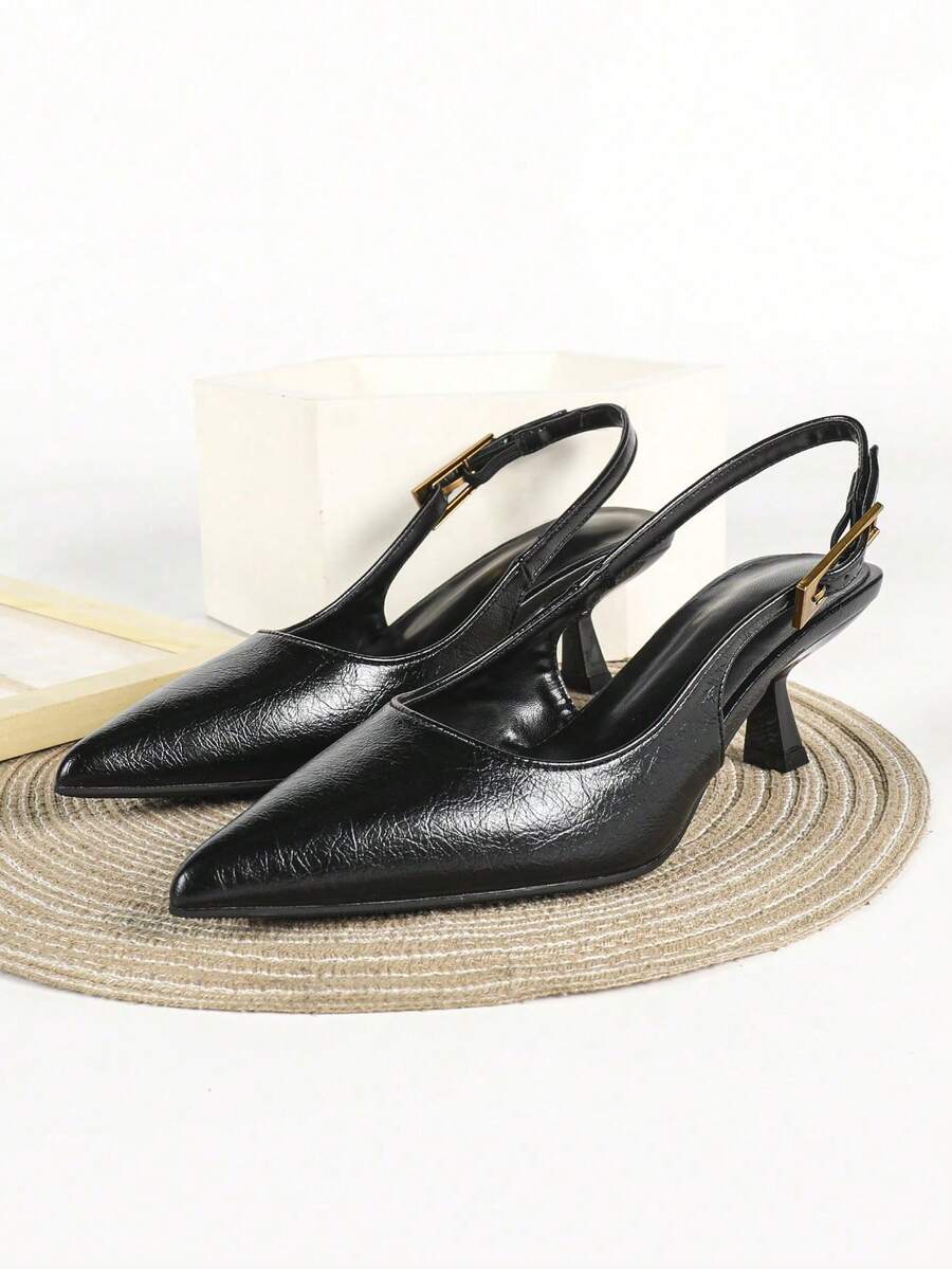 Women's Pointed Toe Slingback Mid Heel Pumps, Glossy Faux Leather Buckle Strap Kitten Heels for Work