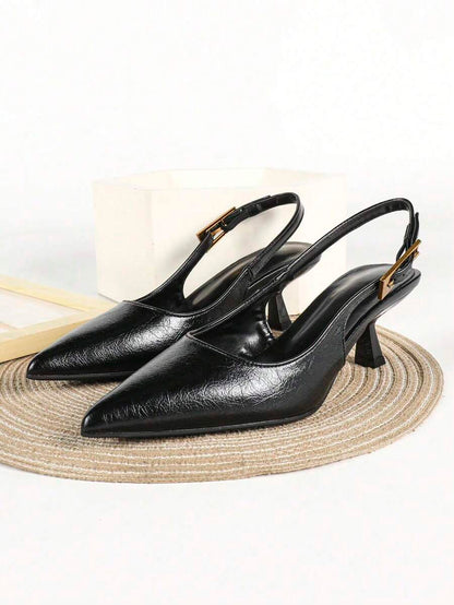 Women's Pointed Toe Slingback Mid Heel Pumps, Glossy Faux Leather Buckle Strap Kitten Heels for Work