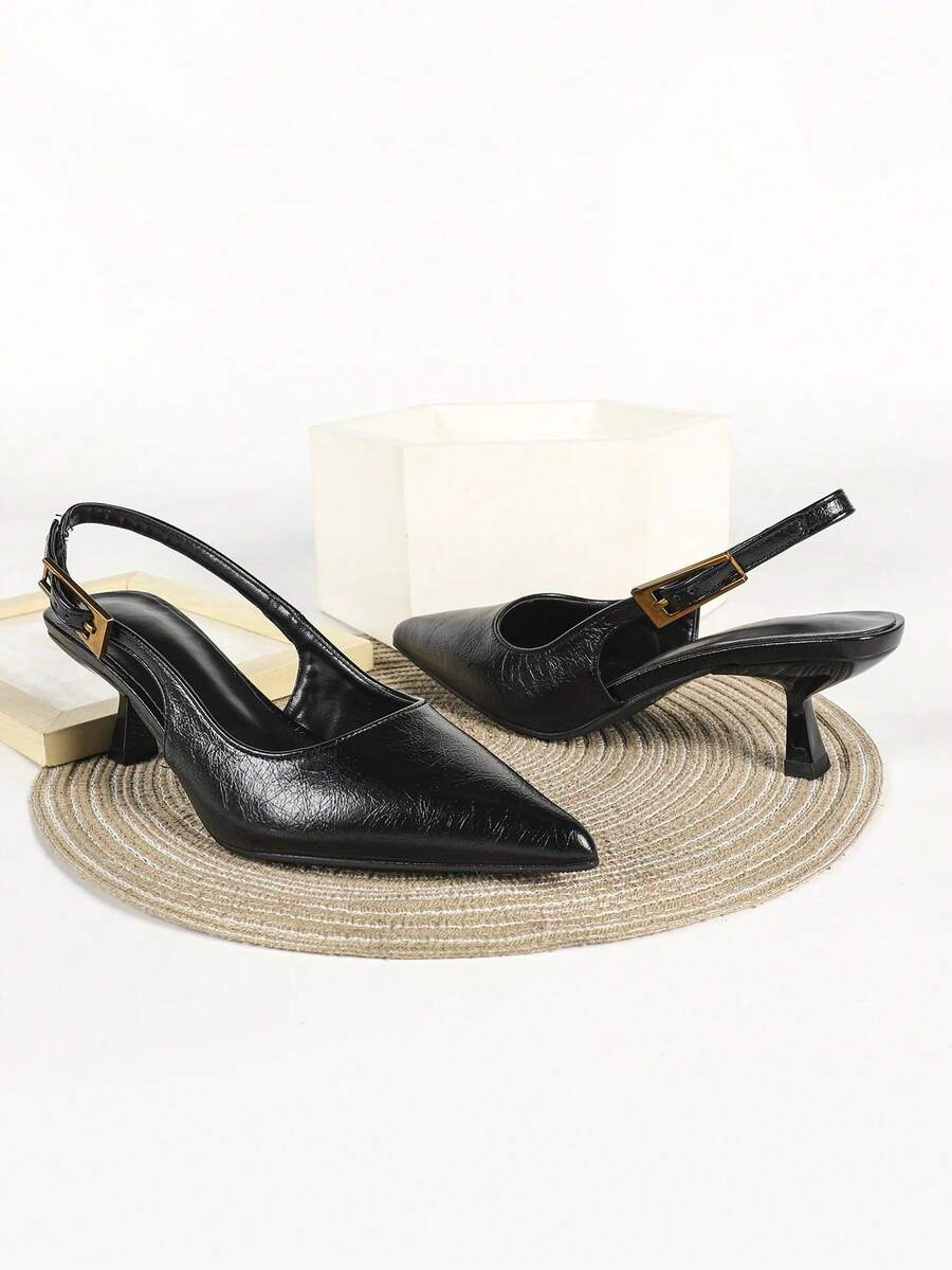 Women's Pointed Toe Slingback Mid Heel Pumps, Glossy Faux Leather Buckle Strap Kitten Heels for Work