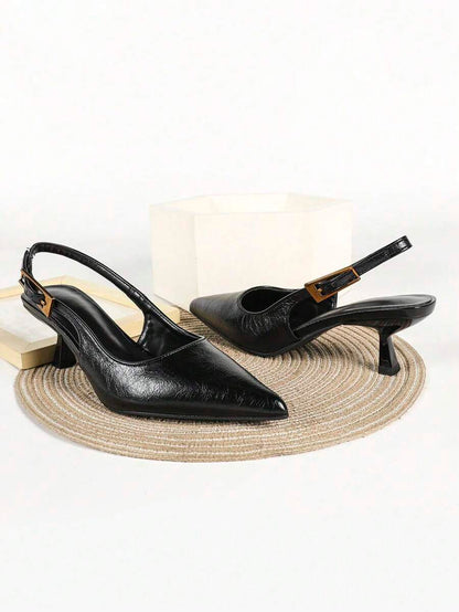 Women's Pointed Toe Slingback Mid Heel Pumps, Glossy Faux Leather Buckle Strap Kitten Heels for Work