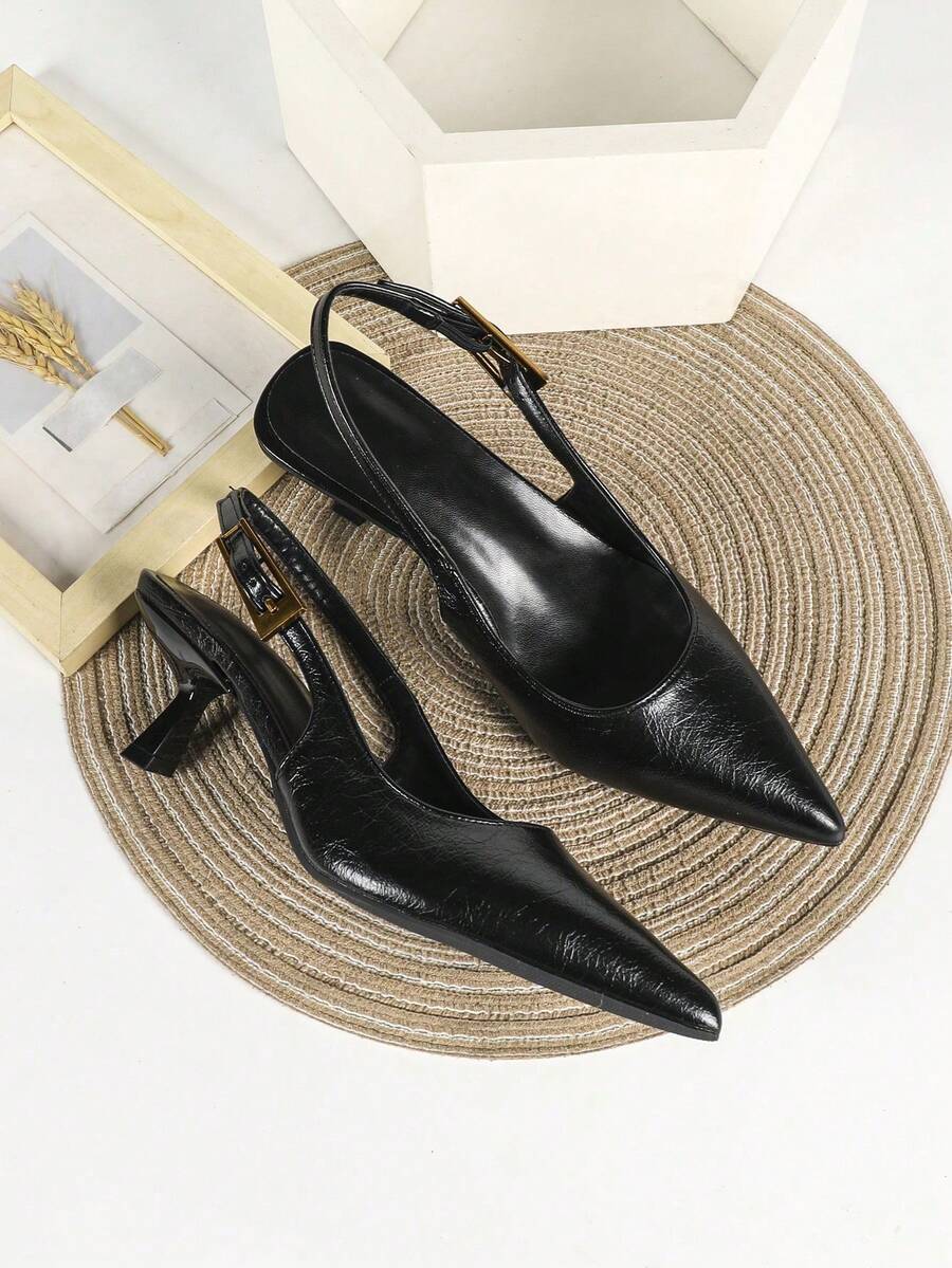 Women's Pointed Toe Slingback Mid Heel Pumps, Glossy Faux Leather Buckle Strap Kitten Heels for Work - Black