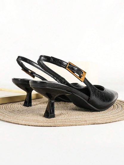 Women's Pointed Toe Slingback Mid Heel Pumps, Glossy Faux Leather Buckle Strap Kitten Heels for Work
