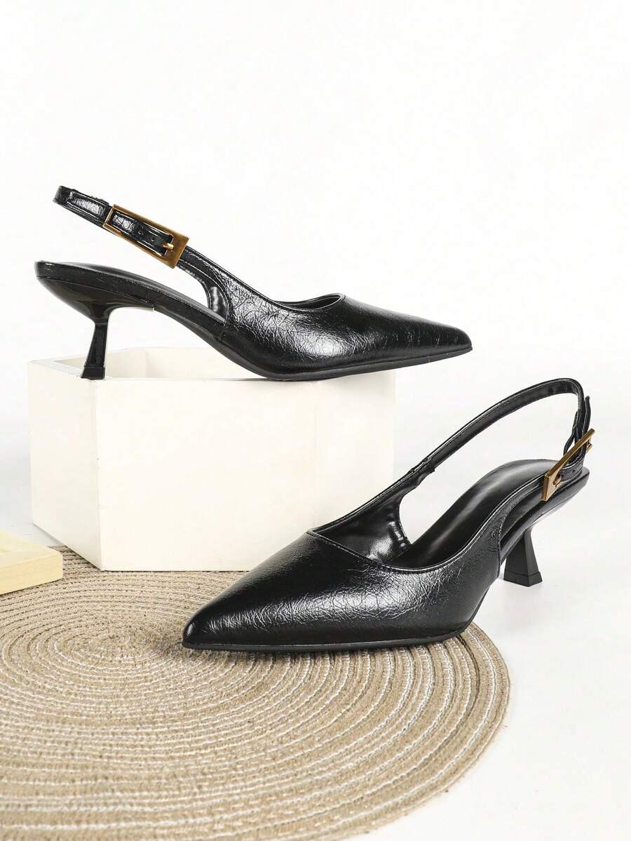 Women's Pointed Toe Slingback Mid Heel Pumps, Glossy Faux Leather Buckle Strap Kitten Heels for Work