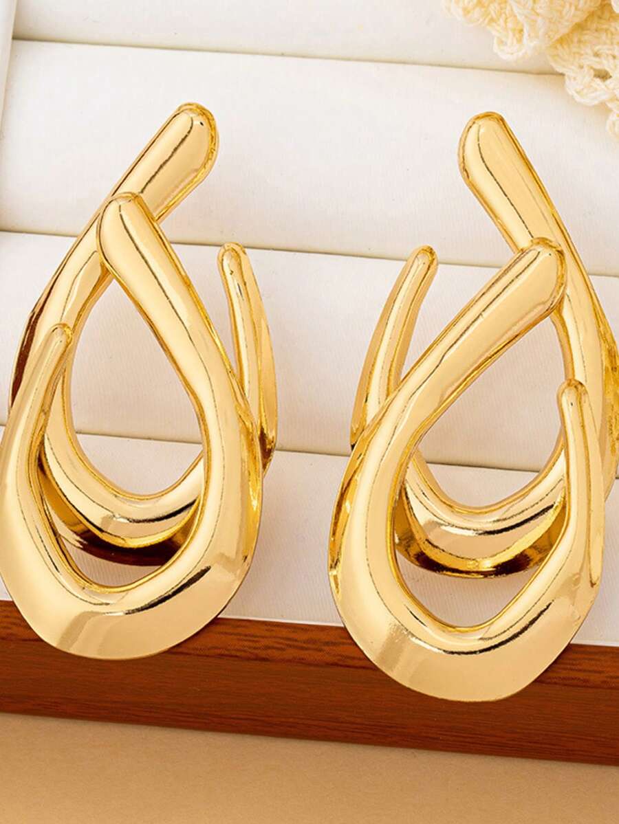 Women's Asymmetrical Gold Drop Earrings, Wavy Metal Hook Statement Earrings, Minimalist Everyday Jewelry