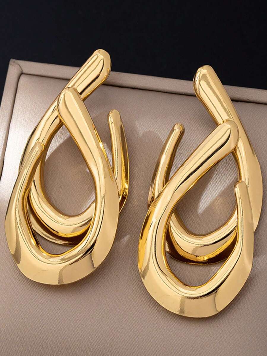 Women's Asymmetrical Gold Drop Earrings, Wavy Metal Hook Statement Earrings, Minimalist Everyday Jewelry