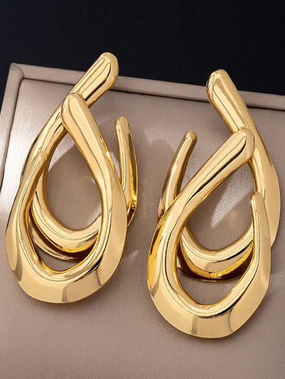 Women's Asymmetrical Gold Drop Earrings, Wavy Metal Hook Statement Earrings, Minimalist Everyday Jewelry