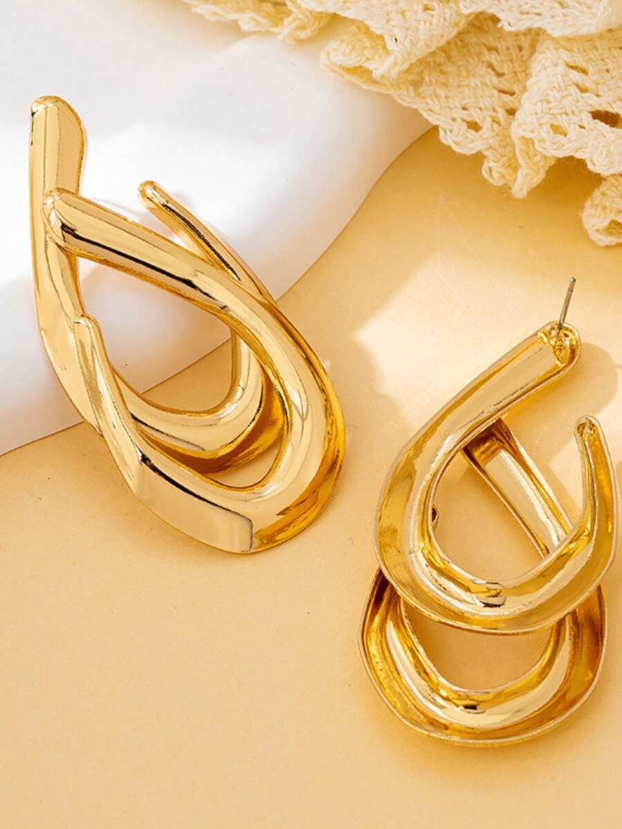 Women's Asymmetrical Gold Drop Earrings, Wavy Metal Hook Statement Earrings, Minimalist Everyday Jewelry