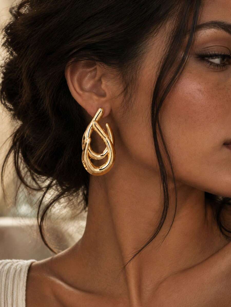Women's Asymmetrical Gold Drop Earrings, Wavy Metal Hook Statement Earrings, Minimalist Everyday Jewelry