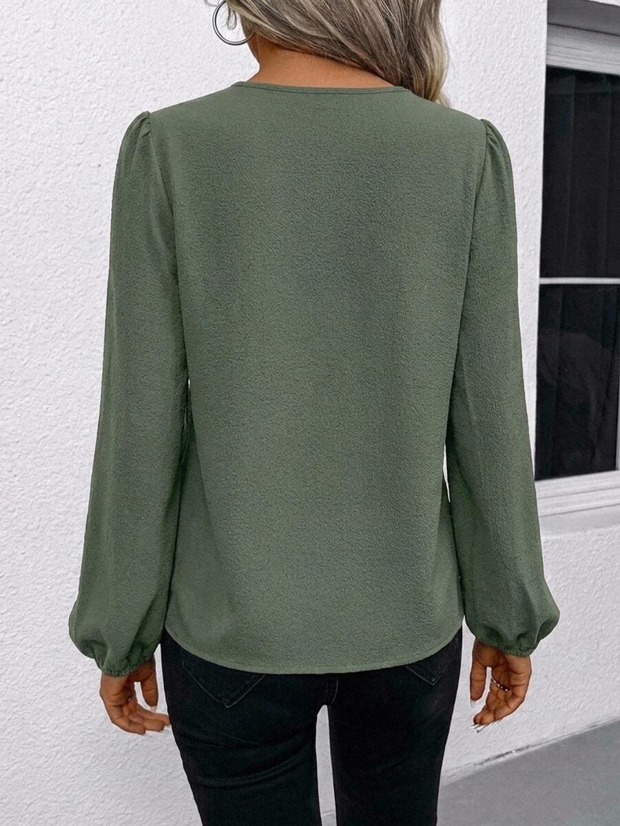 Nell Long Sleeve Blouse with Split V Neck and Lantern Sleeves - Sage Green