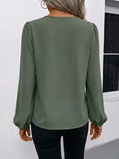 Nell Long Sleeve Blouse with Split V Neck and Lantern Sleeves - Sage Green