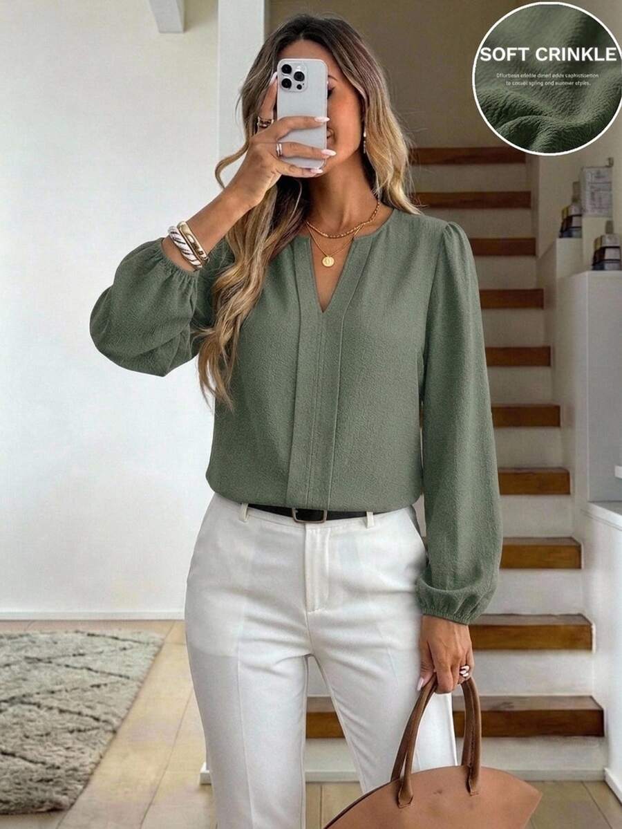 Nell Long Sleeve Blouse with Split V Neck and Lantern Sleeves - Sage Green