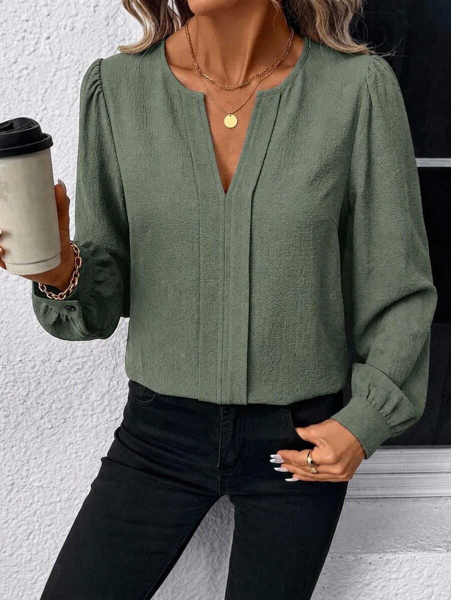 Nell Long Sleeve Blouse with Split V Neck and Lantern Sleeves - Sage Green