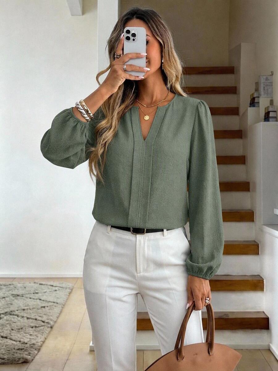 Nell Long Sleeve Blouse with Split V Neck and Lantern Sleeves - Sage Green
