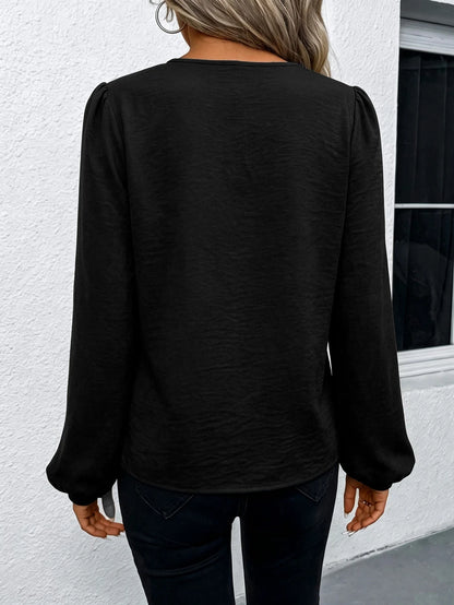 Nell Long Sleeve Blouse with Split V Neck and Lantern Sleeves - Black