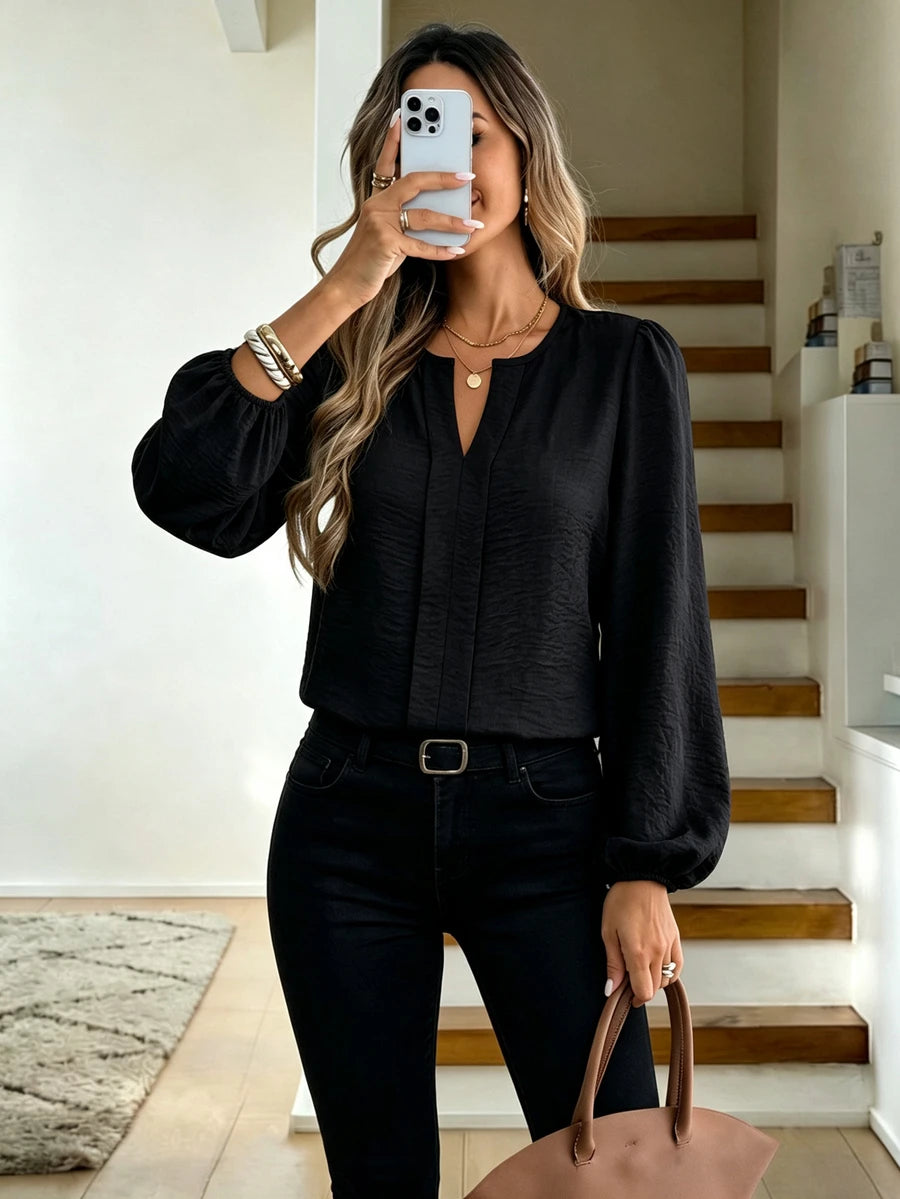 Nell Long Sleeve Blouse with Split V Neck and Lantern Sleeves - Black