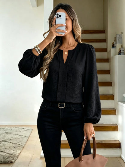 Nell Long Sleeve Blouse with Split V Neck and Lantern Sleeves - Black