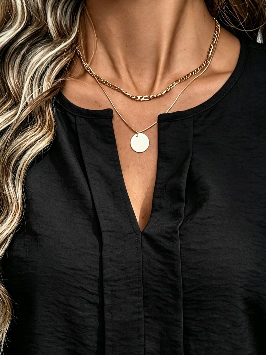 Nell Long Sleeve Blouse with Split V Neck and Lantern Sleeves - Black