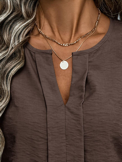 Nell Long Sleeve Blouse with Split V Neck and Lantern Sleeves - Chocolate Brown