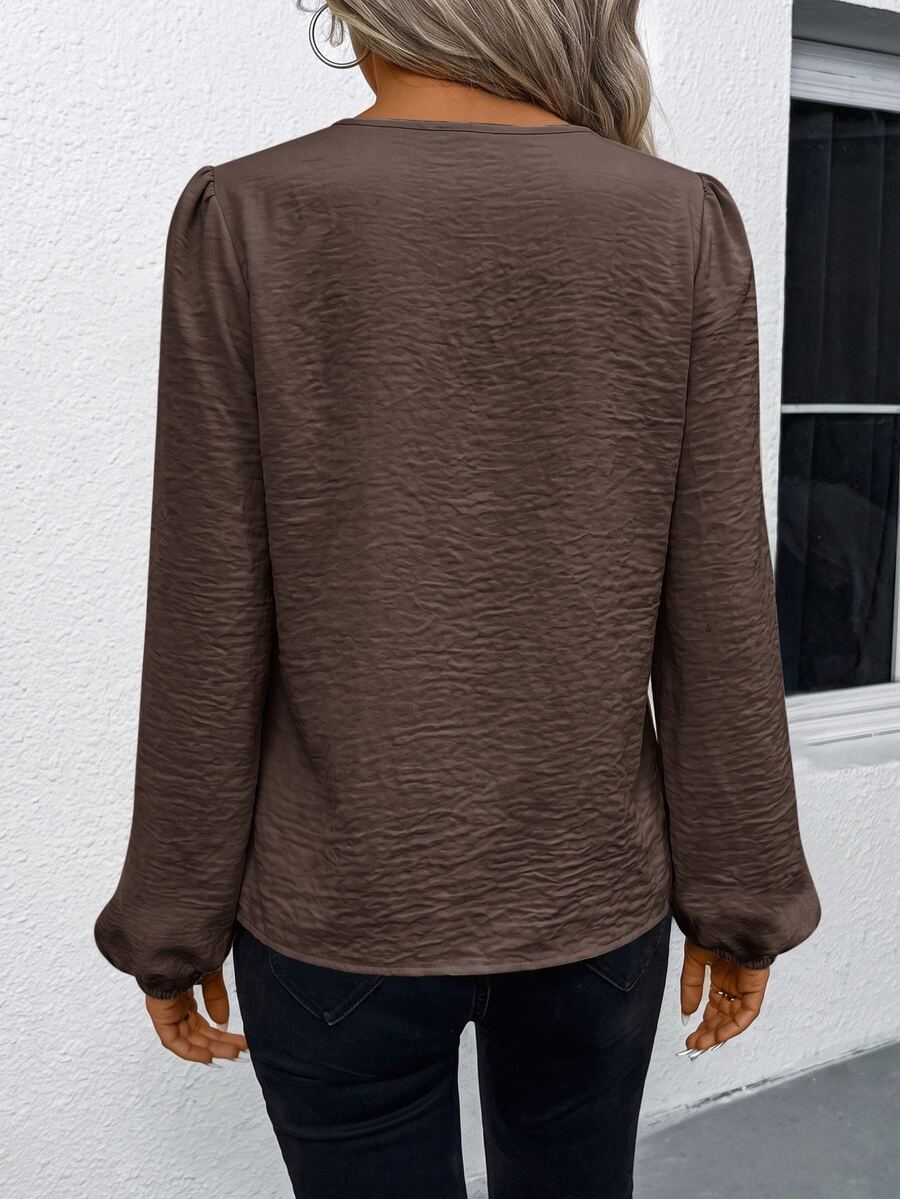 Nell Long Sleeve Blouse with Split V Neck and Lantern Sleeves - Chocolate Brown