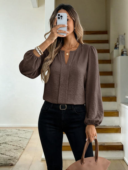 Nell Long Sleeve Blouse with Split V Neck and Lantern Sleeves - Chocolate Brown