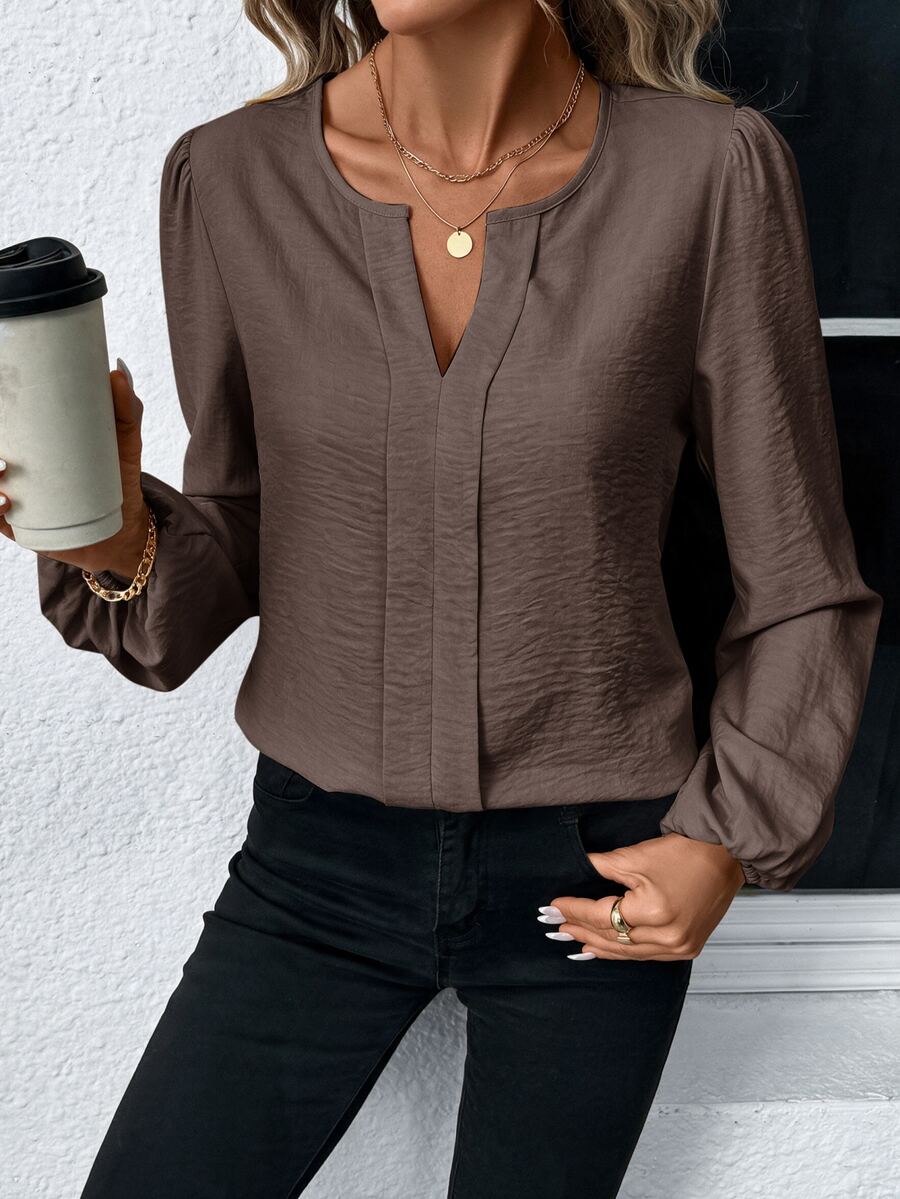 Nell Long Sleeve Blouse with Split V Neck and Lantern Sleeves - Chocolate Brown