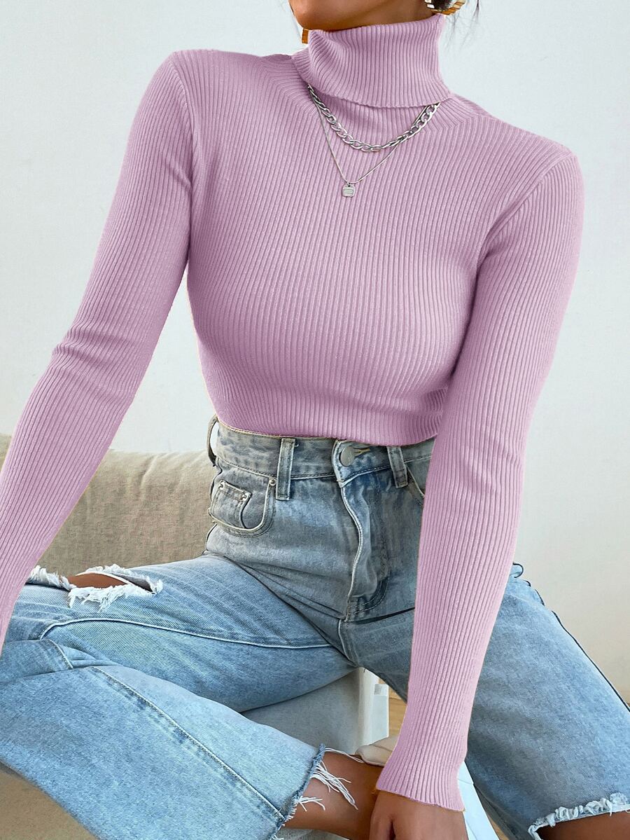 Nicolette Slim Fit Ribbed Knit Turtleneck Long Sleeve Sweater - Camel