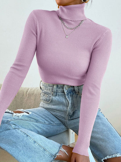 Nicolette Slim Fit Ribbed Knit Turtleneck Long Sleeve Sweater - Camel