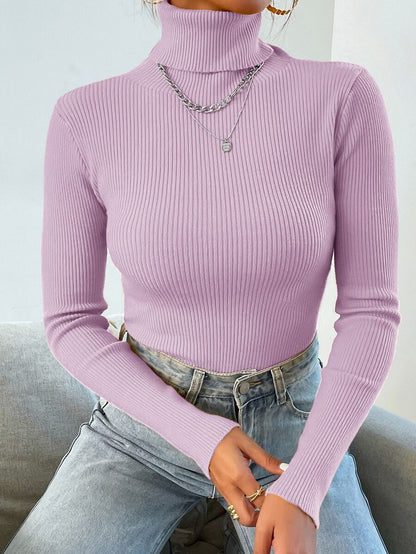 Nicolette Slim Fit Ribbed Knit Turtleneck Long Sleeve Sweater - Dark Green