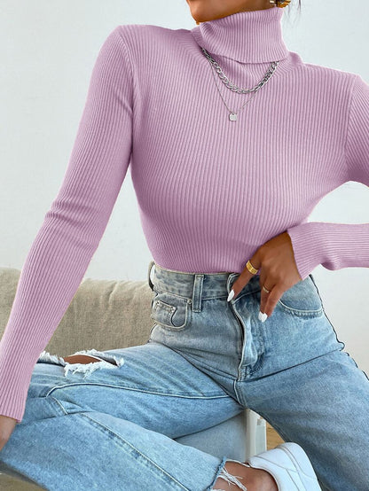 Nicolette Slim Fit Ribbed Knit Turtleneck Long Sleeve Sweater - Purple
