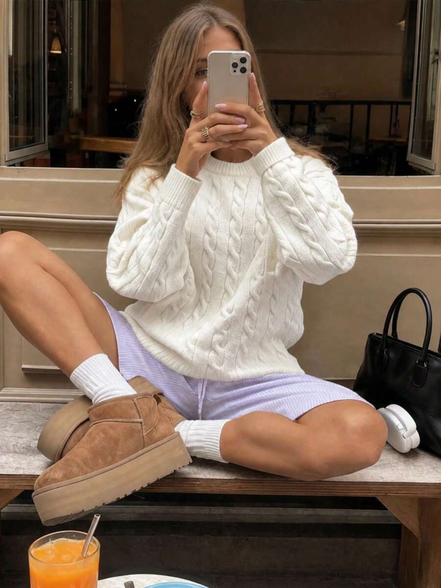 Marlowe Chunky Cable Knit Sweater Loose Crew Neck Pullover - Ivory