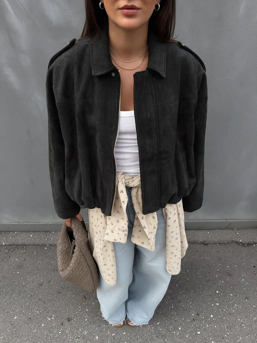 Sabrina Faux Suede Oversized Cropped Collared Jacket - Black