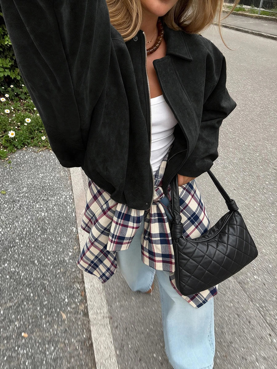 Sabrina Faux Suede Oversized Cropped Collared Jacket - Black
