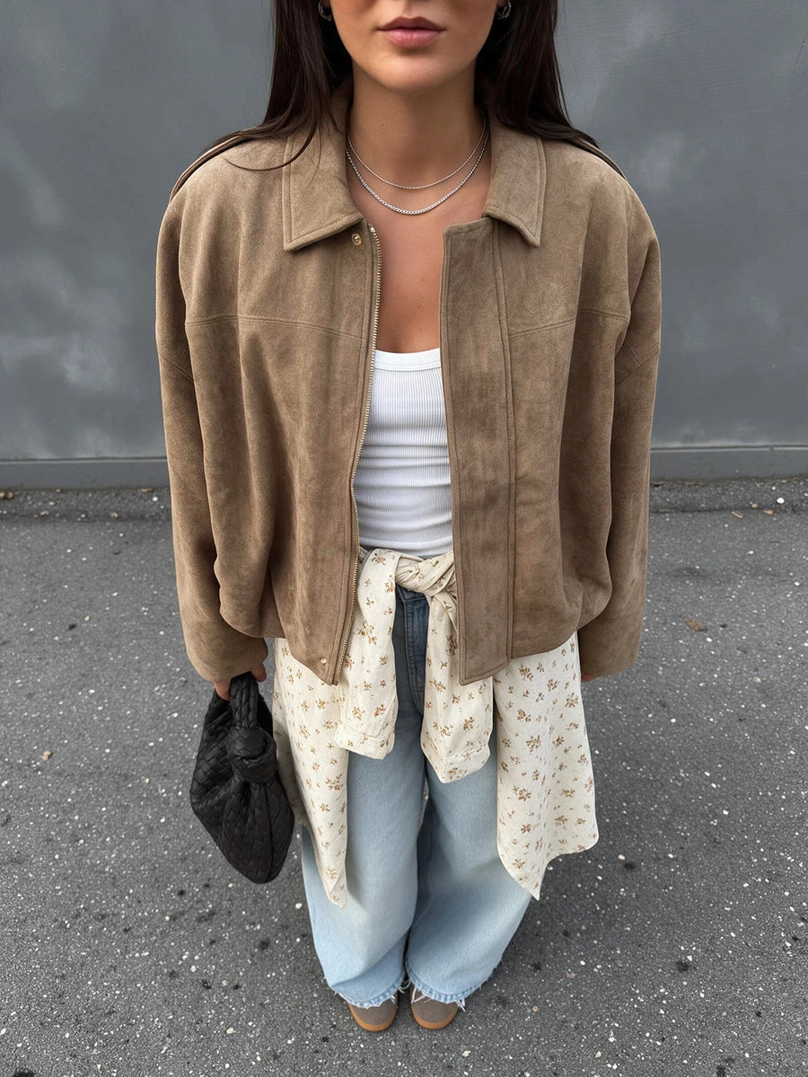 Sabrina Faux Suede Oversized Cropped Collared Jacket - Mocha