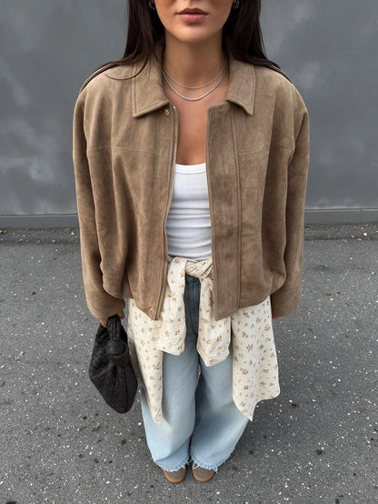 Sabrina Faux Suede Oversized Cropped Collared Jacket - Mocha