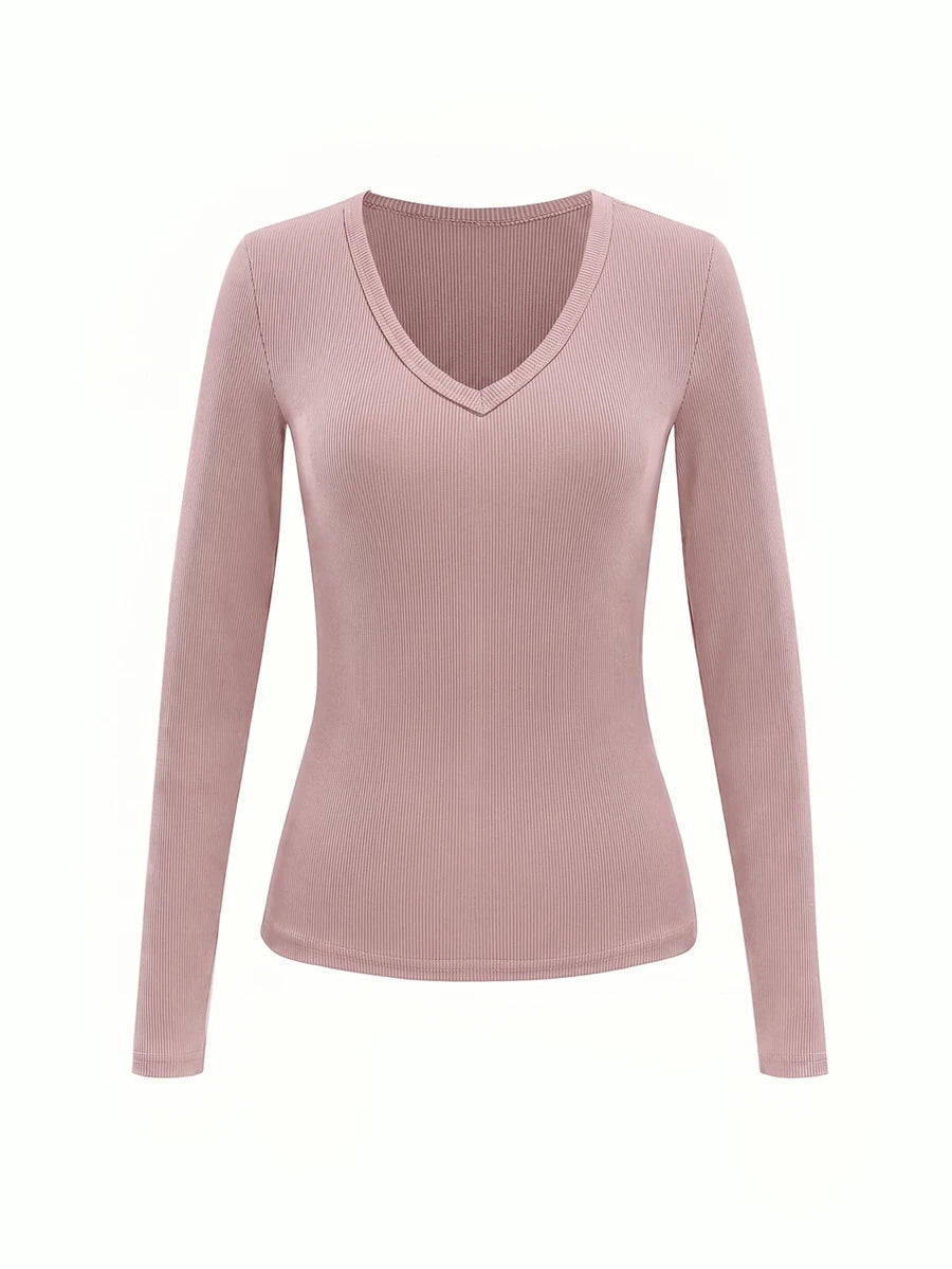 Siena Deep V Neck Ribbed Knit Long Sleeve Fitted Top