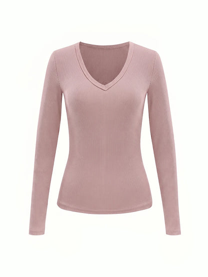 Siena Deep V Neck Ribbed Knit Long Sleeve Fitted Top