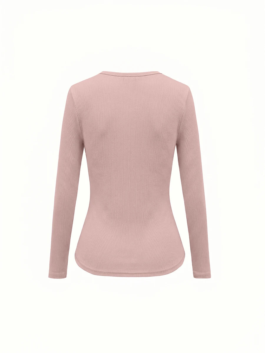 Siena Deep V Neck Ribbed Knit Long Sleeve Fitted Top